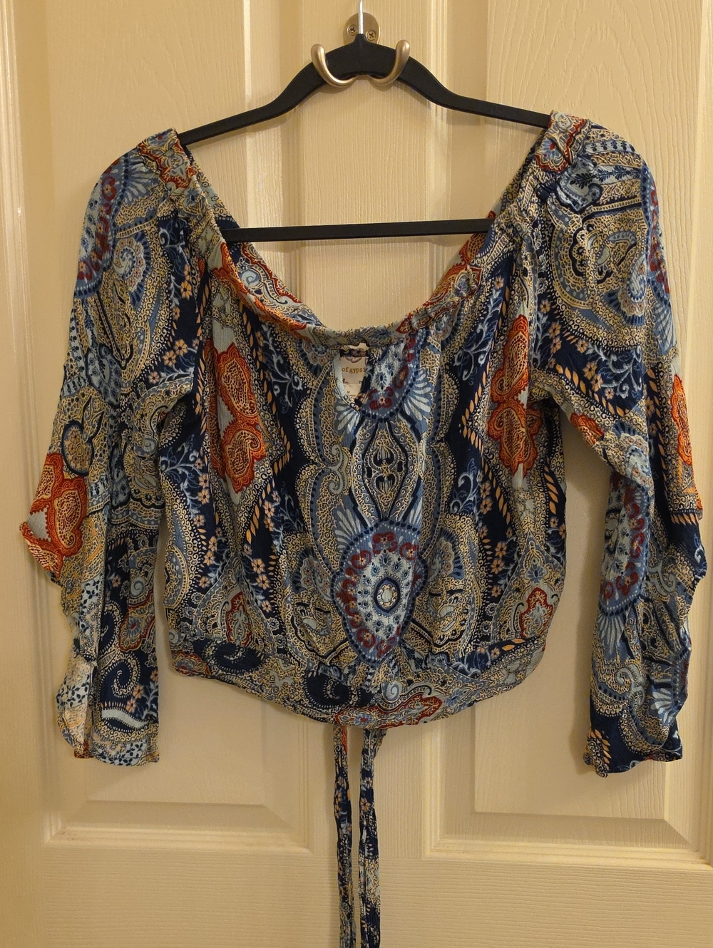 Band of Gypsies Paisley Off-Shoulder Crop Top - Navy & Rust